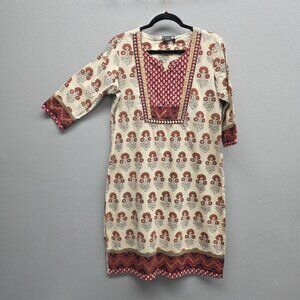 STOP everywear Tunic Shirt Womens Large Cream Red Block Print Kurta Cotton Boho